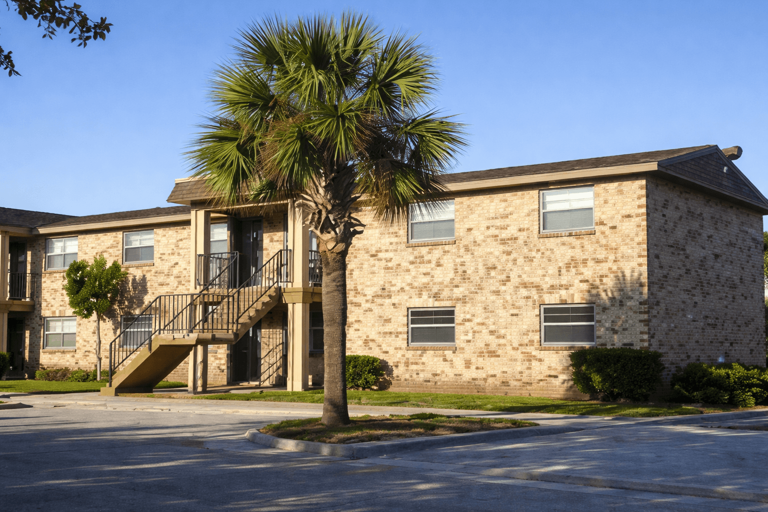 A building with a palm tree in front of it.